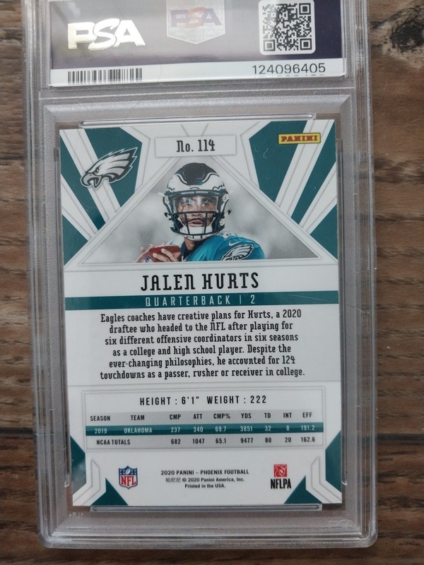 2020 Panini Phoenix RC Jalen Hurts #114 Fire Burst RC PSA 9 SB MVP Eagles RC QB view 2