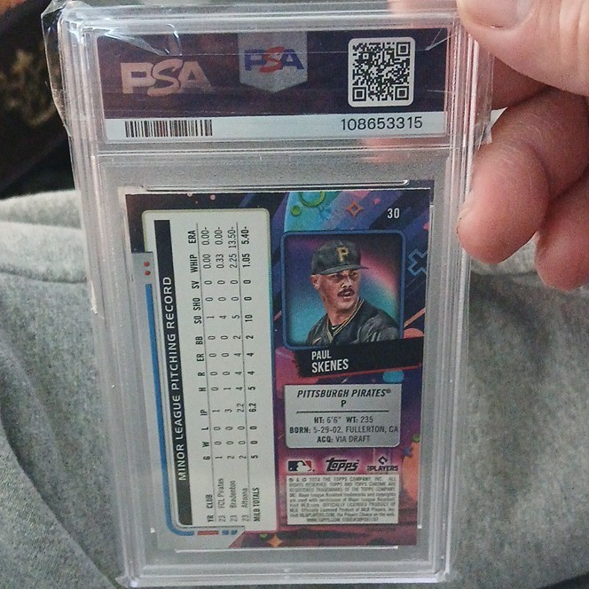 Topps 2024 Cosmic Chrome Paul Skenes #30 Refractor RC PSA 9 Pirates view 2
