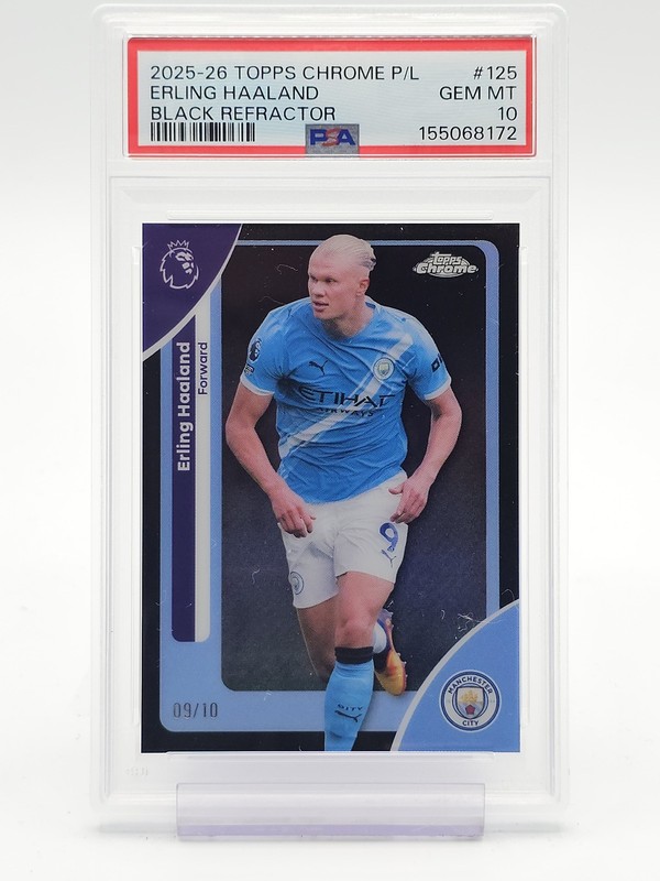 ERLING HAALAND 2025-26 TOPPS CHROME P/L BLACK REFRACTOR /10 #125 PSA 10 Q7136