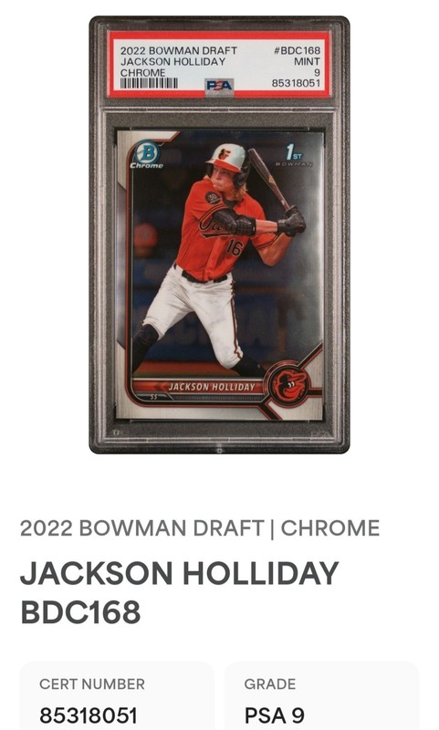 Jackson Holliday 2022 1st Bowman Draft Chrome Prospects Orioles BDC168 PSA 9 view 1