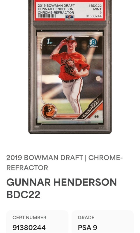 Gunnar Henderson 2019 1st Bowman Draft Chrome Refractor Orioles BDC22 PSA 9