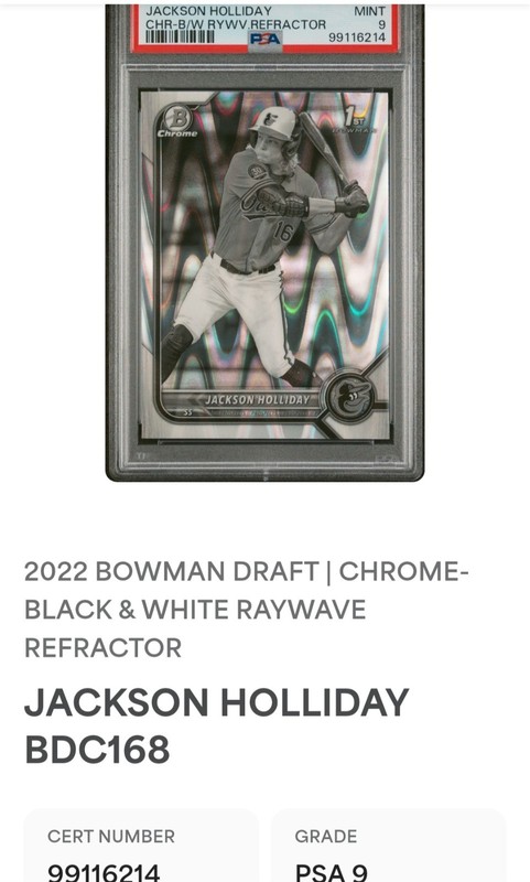 Jackson Holliday 2022 1st Bowman Draft Chrome B&W Raywave Orioles BDC168 PSA 9 view 1