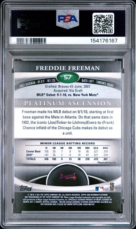 FREDDIE FREEMAN 2011 BOWMAN PLATINUM 57 EMERALD 🔥 ROOKIE PARALLEL 📈 PSA 7 view 2
