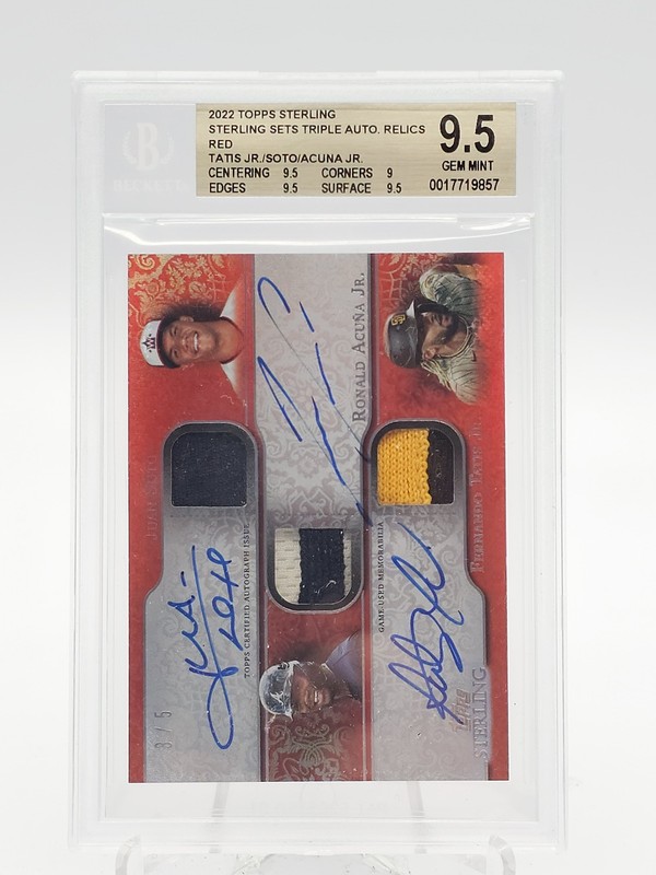 SOTO/ACUNA JR/TATIS JR 2022 TOPPS STERLING PATCH AUTO RED /5 BGS 9.5 Q6785
