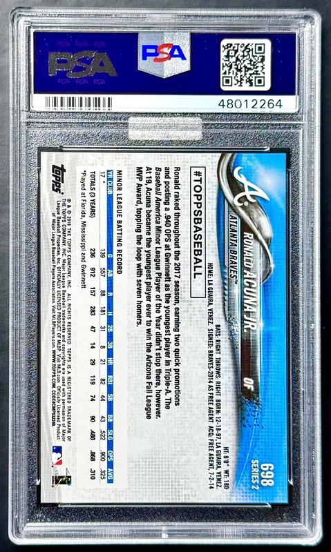 2018 Topps RONALD ACUNA JR #698 Bat Down SP Rookie RC PSA 9 MBA Silver Diamond view 2