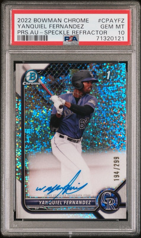 2022 Bowman Chrome - Yanquiel Fernandez Auto #CPA-YFZ Speckle /299 PSA 10