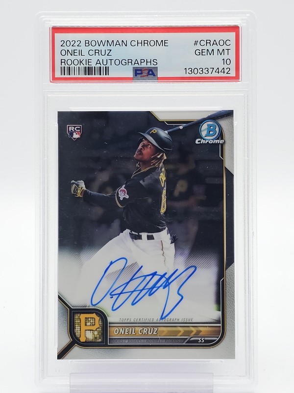 ONEIL CRUZ 2022 BOWMAN CHROME ROOKIE ON CARD AUTO #CRA-OC PIRATES PSA 10 Q2796