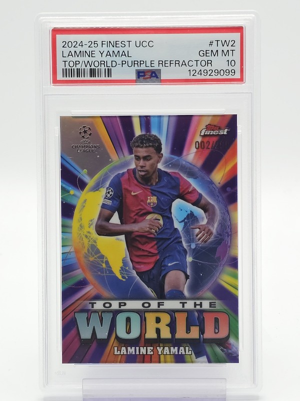 LAMINE YAMAL 2024-25 TOPPS FINEST UCC TOP OF THE WORLD PURPLE /299 PSA 10 Q0004