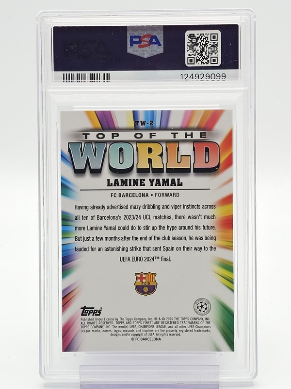 LAMINE YAMAL 2024-25 TOPPS FINEST UCC TOP OF THE WORLD PURPLE /299 PSA 10 Q0004 view 2