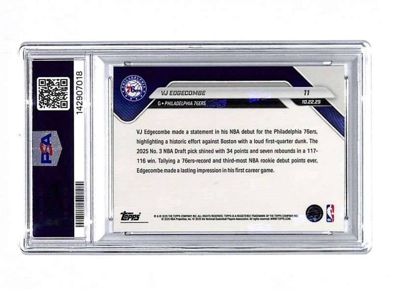 2025-26 Topps Now #11 VJ Edgecombe Rookie Record In Debut Card PSA 10 76ers  view 2