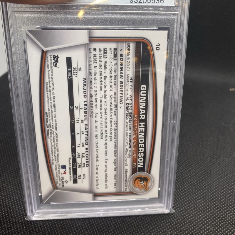GUNNAR HENDERSON PSA 10 2023 BOWMAN CHROME SAPPHIRE #10 ROOKIE REFRACTOR RC 2214 view 2