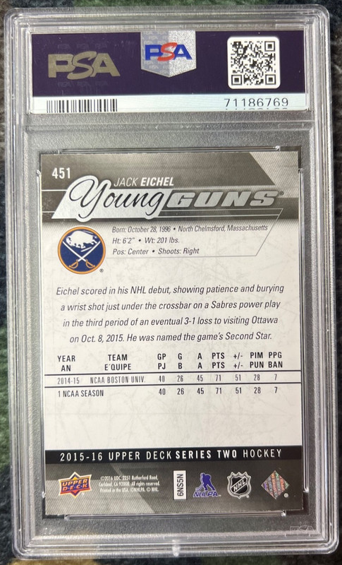 2015 Upper Deck Jack Eichel Young Guns Rookie Card #451 PSA 9 RC view 2