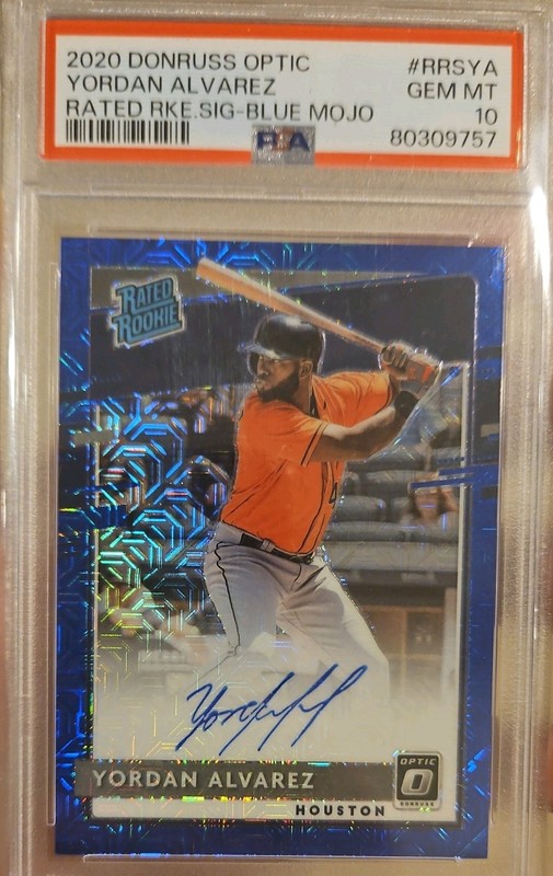 2020 Optic Rated Rookie Auto 69/99 Yordan Alvarez Blue Prizm RC HR Leader PSA 10 view 2
