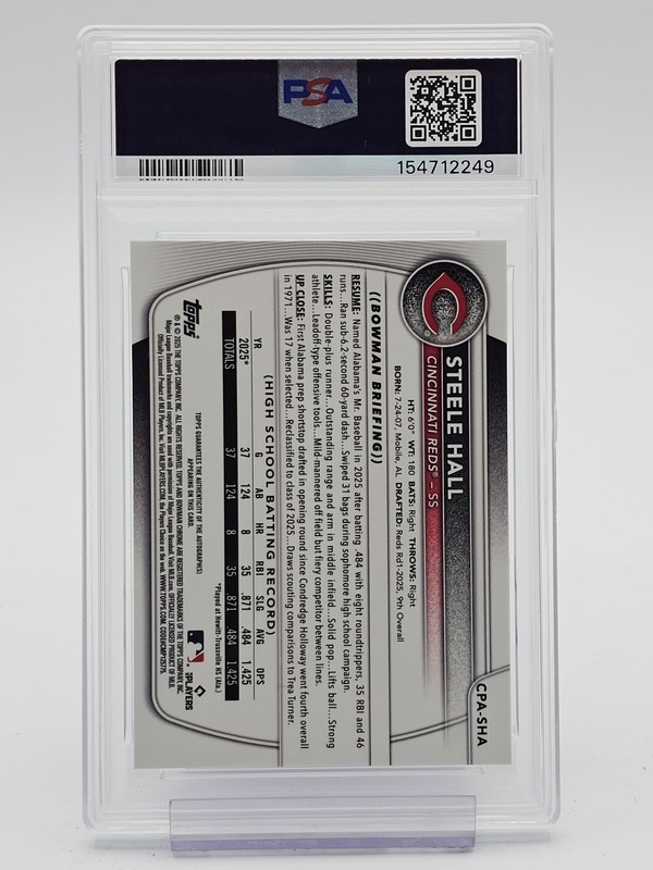 STEELE HALL 2025 BOWMAN SAPPHIRE CHROME ORANGE 1ST AUTO /25 #SHA PSA 10 Q6960 view 2