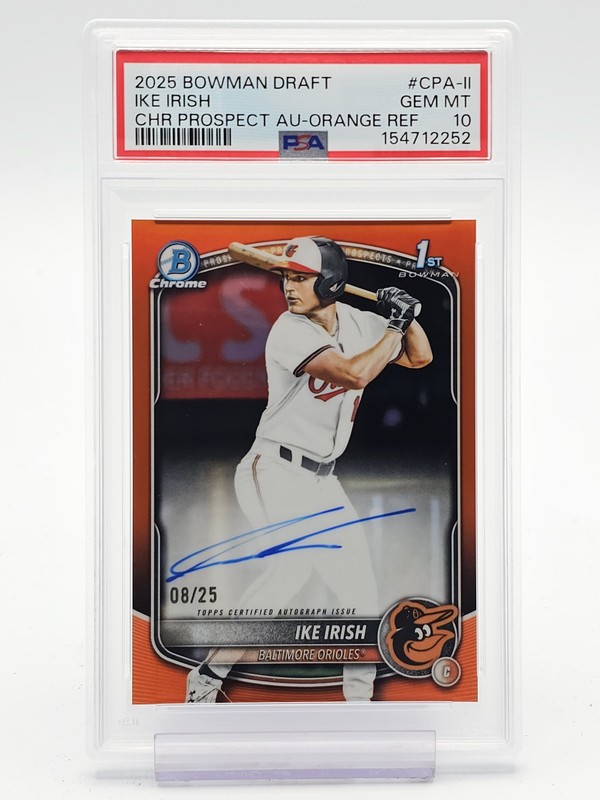 IKE IRISH 2025 BOWMAN DRAFT CHROME ORANGE 1ST AUTO /25 #CPA-II PSA 10 RC Q6960