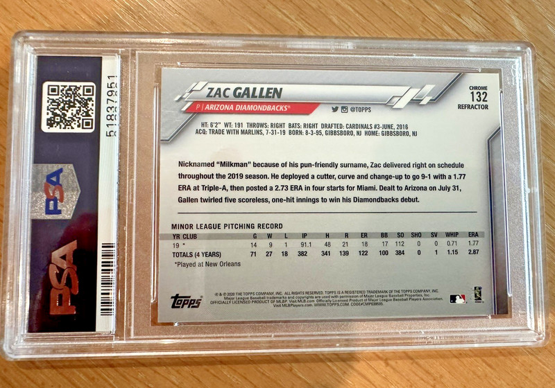 2020 Zac Gallen Topps Chrome Arizona Diamondbacks Pink Refractor RC Card PSA 10 view 2