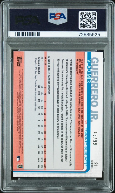 2019 Topps Chrome Update Vladimir Guerrero JR. Green Refractor #21 PSA 10 /99 view 2