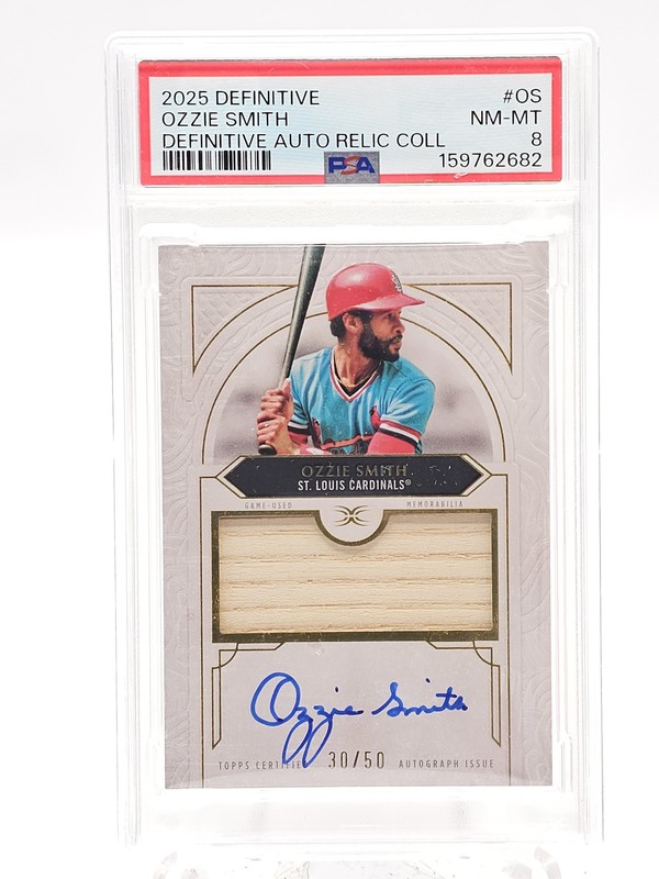 OZZIE SMITH 2025 TOPPS DEFINITIVE AUTO GAME USED BAT /50 #DAR-OS PSA 8 Q7242