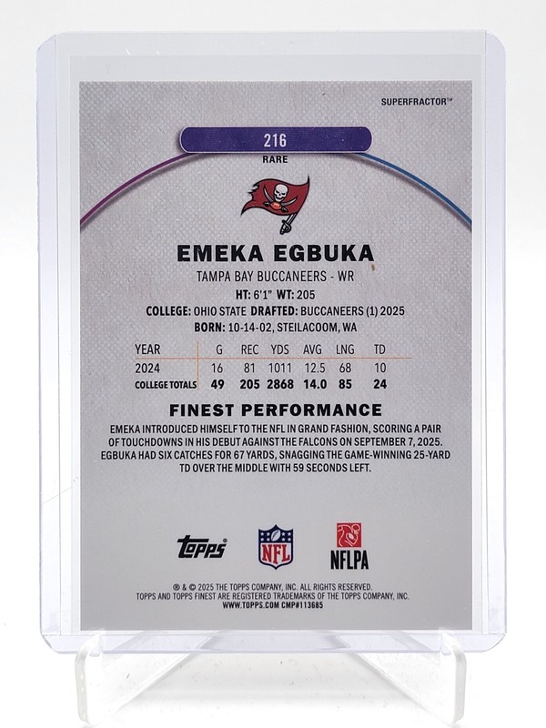 EMEKA EGBUKA 2025 TOPPS FINEST RARE SUPERFRACTOR ROOKIE 1/1 RC #216 Q5692 view 2