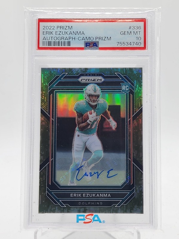 ERIK EZUKANMA 2022 PRIZM CAMO ROOKIE AUTO /25 #336 DOLPHINS PSA 10 Q6123