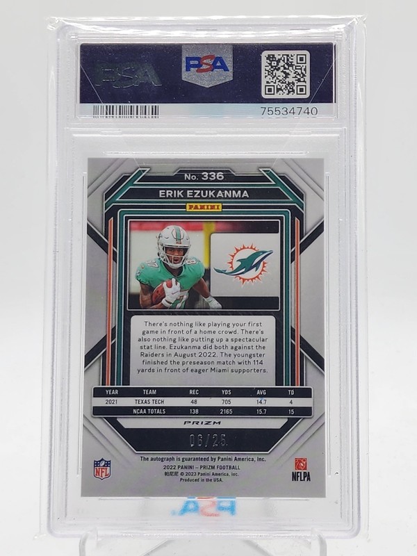 ERIK EZUKANMA 2022 PRIZM CAMO ROOKIE AUTO /25 #336 DOLPHINS PSA 10 Q6123 view 2