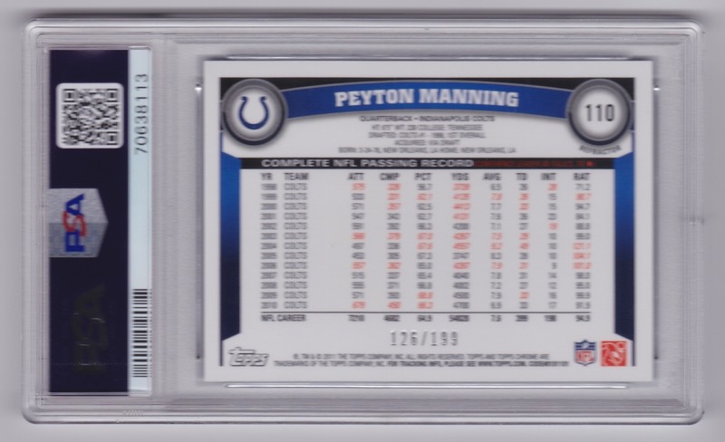 2011 Topps Chrome Peyton Manning #110 Blue Refractor 126/199 PSA 9 Pop 19 Colts view 2