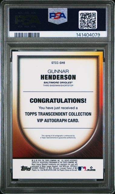 2023 Topps Transcendant VIP Gunnar Henderson /25 Guest Autograph RC PSA 10 #GH6 view 2