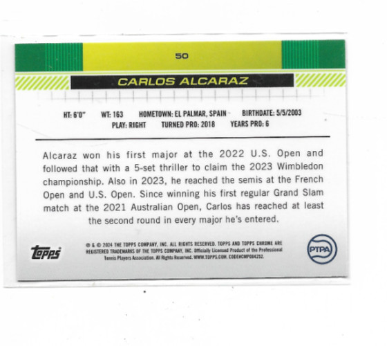 2024 TOPPS CHROME TENNIS--#50 CARLOS ALCARAZ----GREEN------19/99 view 2