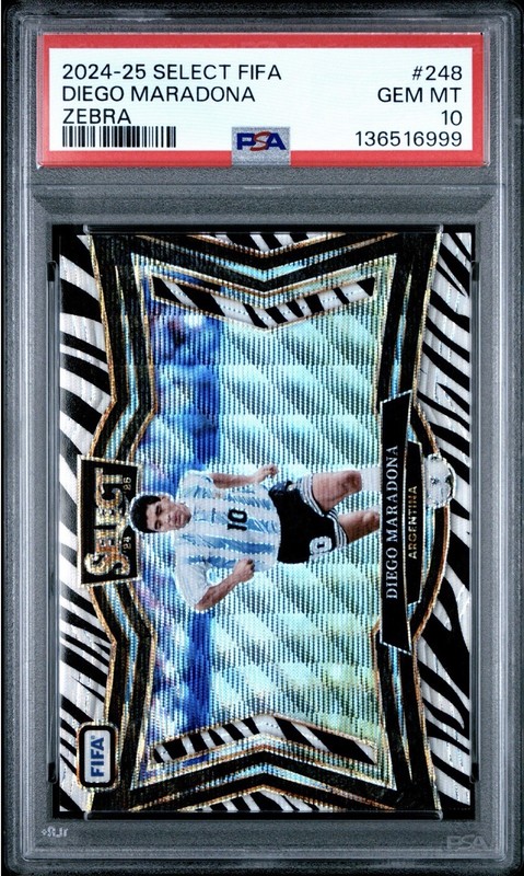 Diego Maradona 2024-25 Panini Select FIFA #248 Field Zebra Prizm SSP PSA 10