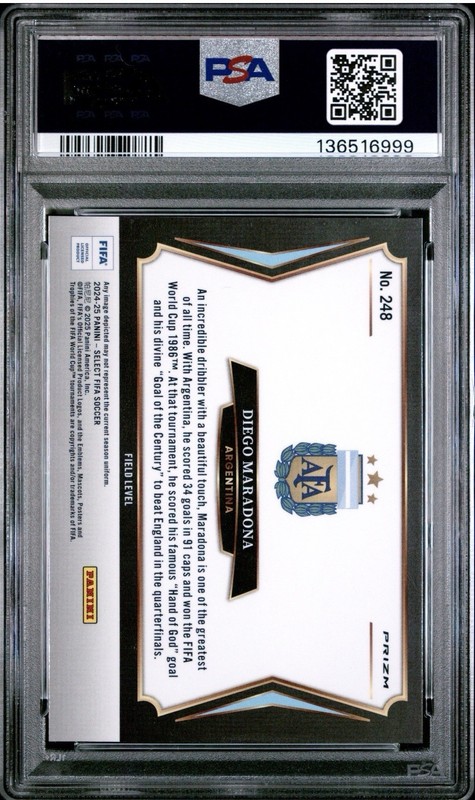 Diego Maradona 2024-25 Panini Select FIFA #248 Field Zebra Prizm SSP PSA 10 view 2
