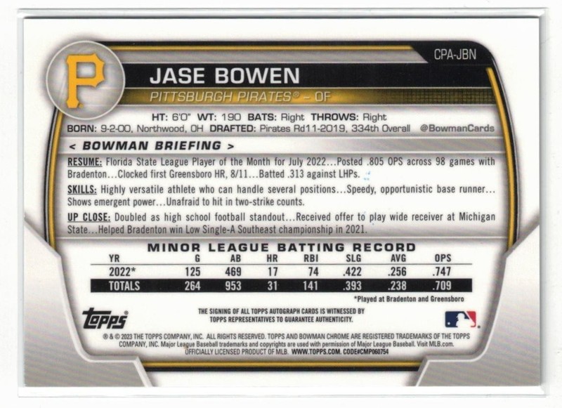 2023 1st Bowman Chrome RC AUTO Jase Bowen #CPA-JBN! Padres! Rookie! Autograph! view 2