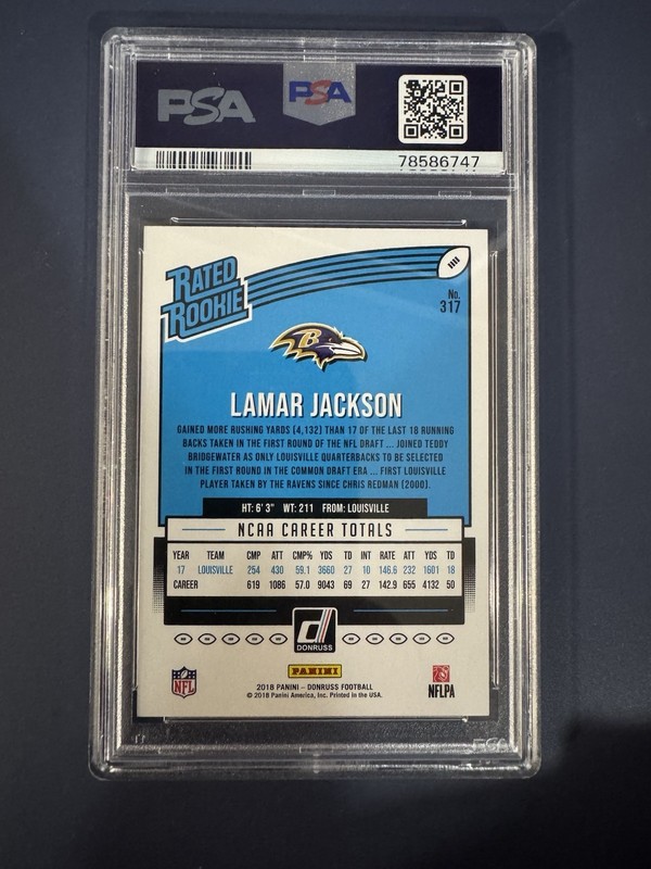 LAMAR JACKSON 2018 DONRUSS RATED ROOKIE RAVENS RC PSA 10 #317 view 2