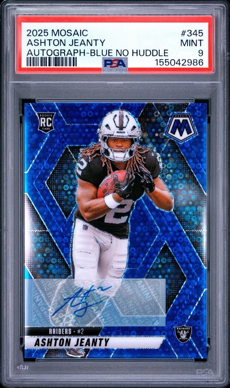 2025 PANINI MOSAIC #345 ASHTON JEANTY AUTOGRAPH-BLUE NO HUDDLE ROOKIE PSA 9 MINT