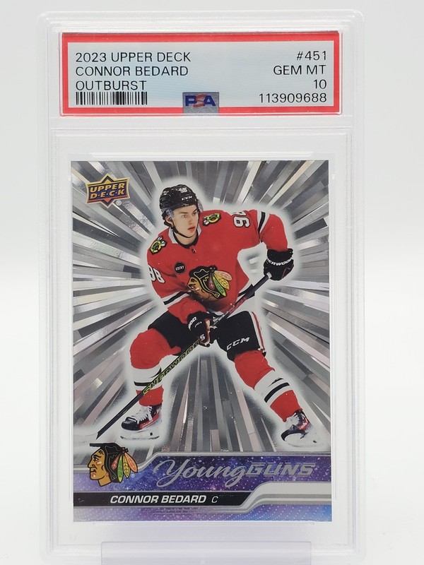 CONNOR BEDARD 2023-24 UD SERIES 2 YOUNG GUNS OUTBURST ROOKIE #451 PSA 10 Q6911