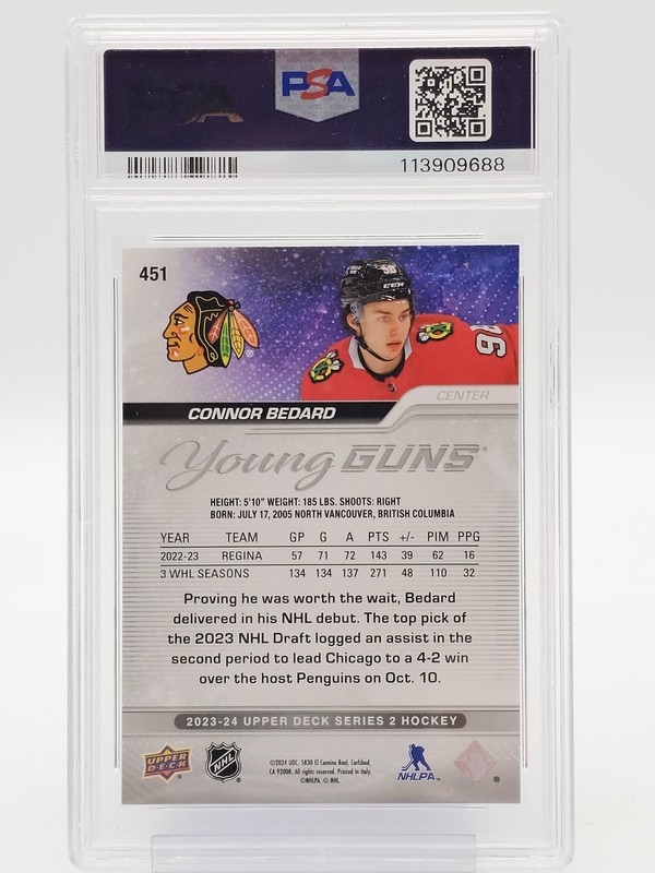 CONNOR BEDARD 2023-24 UD SERIES 2 YOUNG GUNS OUTBURST ROOKIE #451 PSA 10 Q6911 view 2