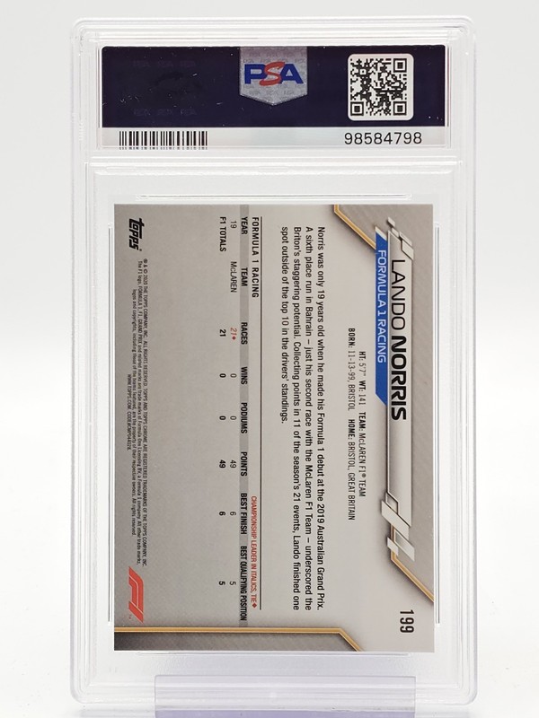 LANDO NORRIS 2020 TOPPS CHROME F1 FRESHEST ROOKIE #199 PSA 10 Q6911 view 2