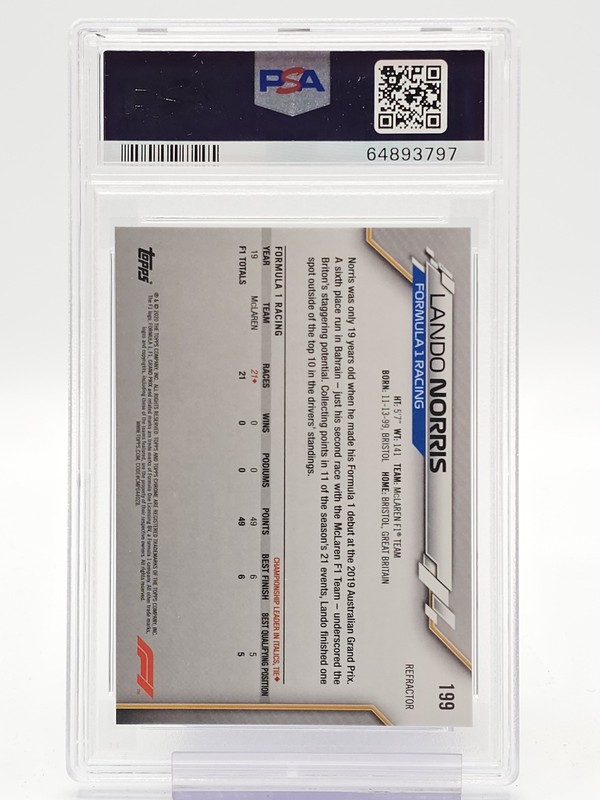 LANDO NORRIS 2020 TOPPS CHROME F1 REFRACTOR ROOKIE #199 MCLAREN PSA 10 Q6911 view 2
