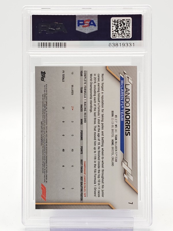 LANDO NORRIS 2020 TOPPS CHROME F1 SAPPHIRE SP ROOKIE #7 PSA 10 Q6911 view 2