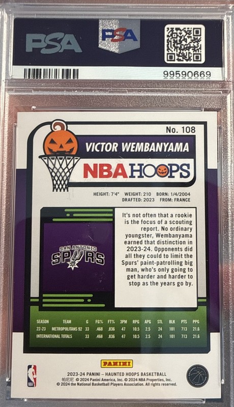 Hot 2023-24 Panini Haunted Hoops #108 Victor Wembanyama Rookie Card RC PSA 10 view 2