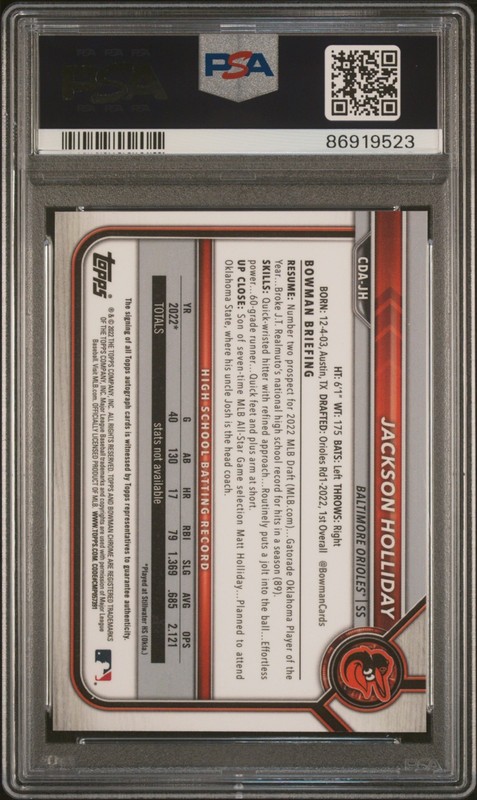 2022 Bowman Draft #CDA-JH Jackson Holliday 1st Chrome Prospect Auto PSA MINT 9 view 2