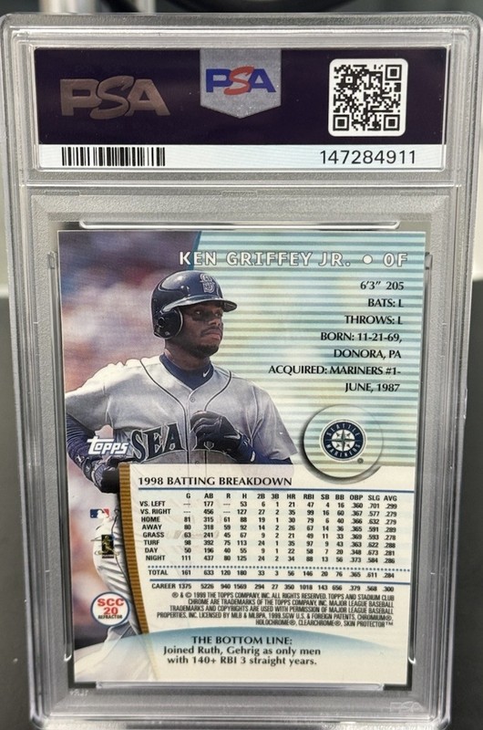 1999 Topps Stadium Club Chrome Refractor #SCC20 Ken Griffey Jr. PSA 8 view 2