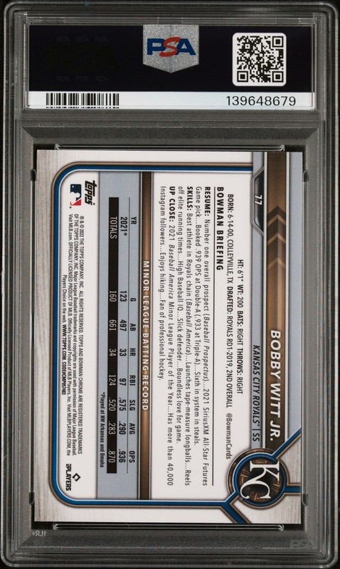 2022 BOBBY WITT JR BOWMAN CHROME #77 SAPPHIRE EDITION PSA 9 (RC) KC ROYALS view 2