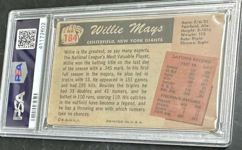 1955 BOWMAN #184 WILLIE MAYS PSA 2 view 2