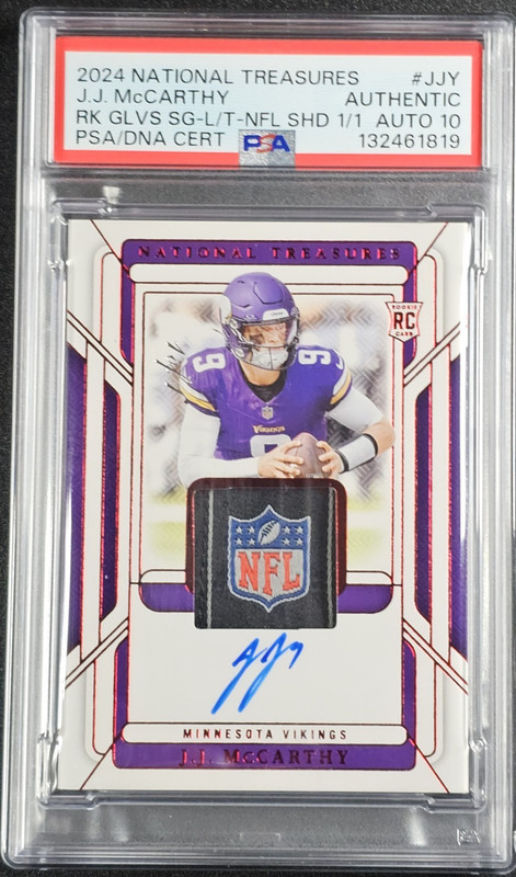 J.J. MCCARTHY 2024 NATIONAL TREASURES RPA NFL SHIELD 1/1 ROOKIE RC PSA A AUTO 10
