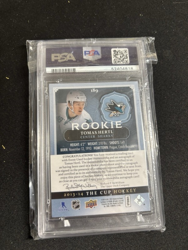 2013-14 The Cup Tomas Hertl Rookie Patch Auto 5/99 3 Colour Patch PSA 8 view 2