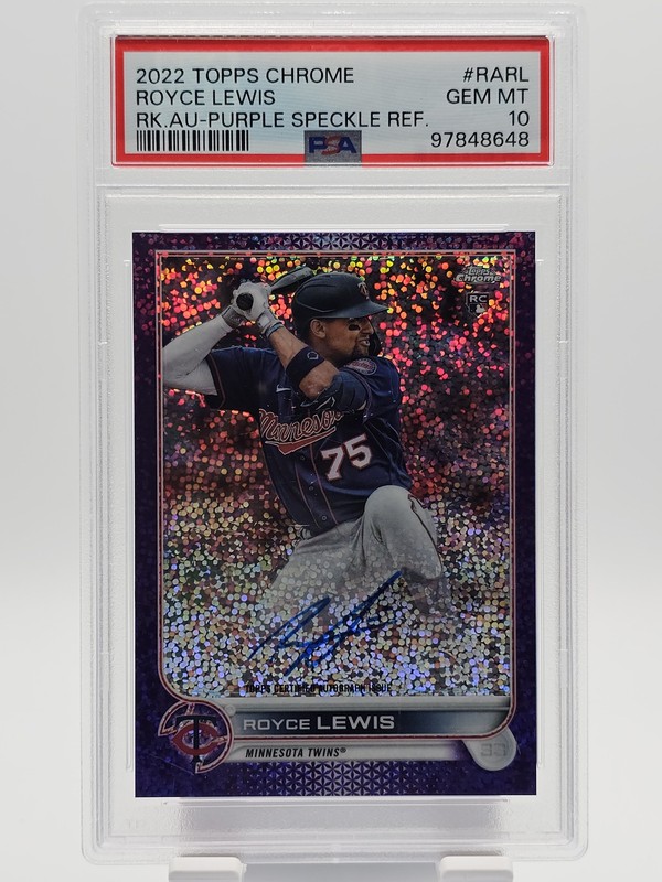 ROYCE LEWIS 2022 TOPPS CHROME PURPLE SPECKLE ROOKIE AUTO /299 PSA 10 Q3824