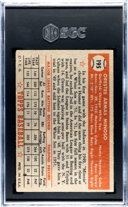 1952 Topps Orestes Minnie Minoso RC SGC 1 Rookie HOF #195 Baseball Card view 2