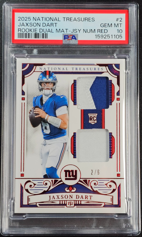 JAXSON DART 2025 NATIONAL TREASURES ROOKIE DUAL PATCH RED JER # /6 PSA 10 POP 1