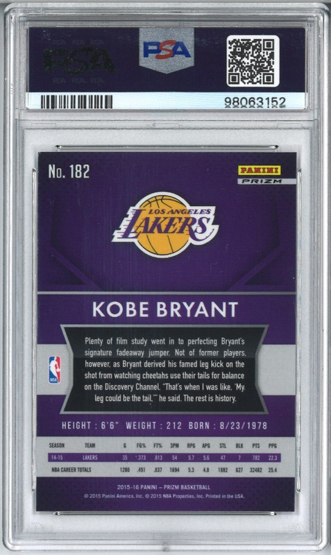 PSA 9 KOBE BRYANT 2015-16 PANINI PRIZM SILVER #182 MINT LOS ANGELES LAKERS SP view 2