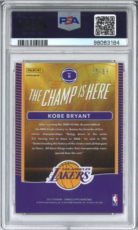 PSA 9 KOBE BRYANT 2017 DONRUSS OPTIC THE CHAMP IS HERE RED #35/99 HOLO PRIZM #6 view 2